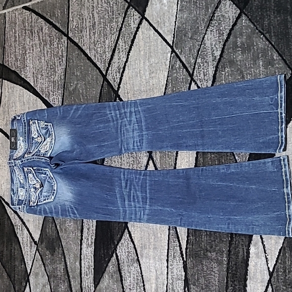 MISS ME EMBROIDERED BLING STUD DISTRESSED MID-RISE BOOT-CUT DENIM JEAN - Picture 6 of 16